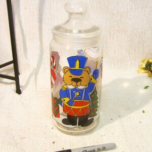 VTG LARGE BEAR JAR W/LID, GLASS JAR W/CHRISTMAS BEARS